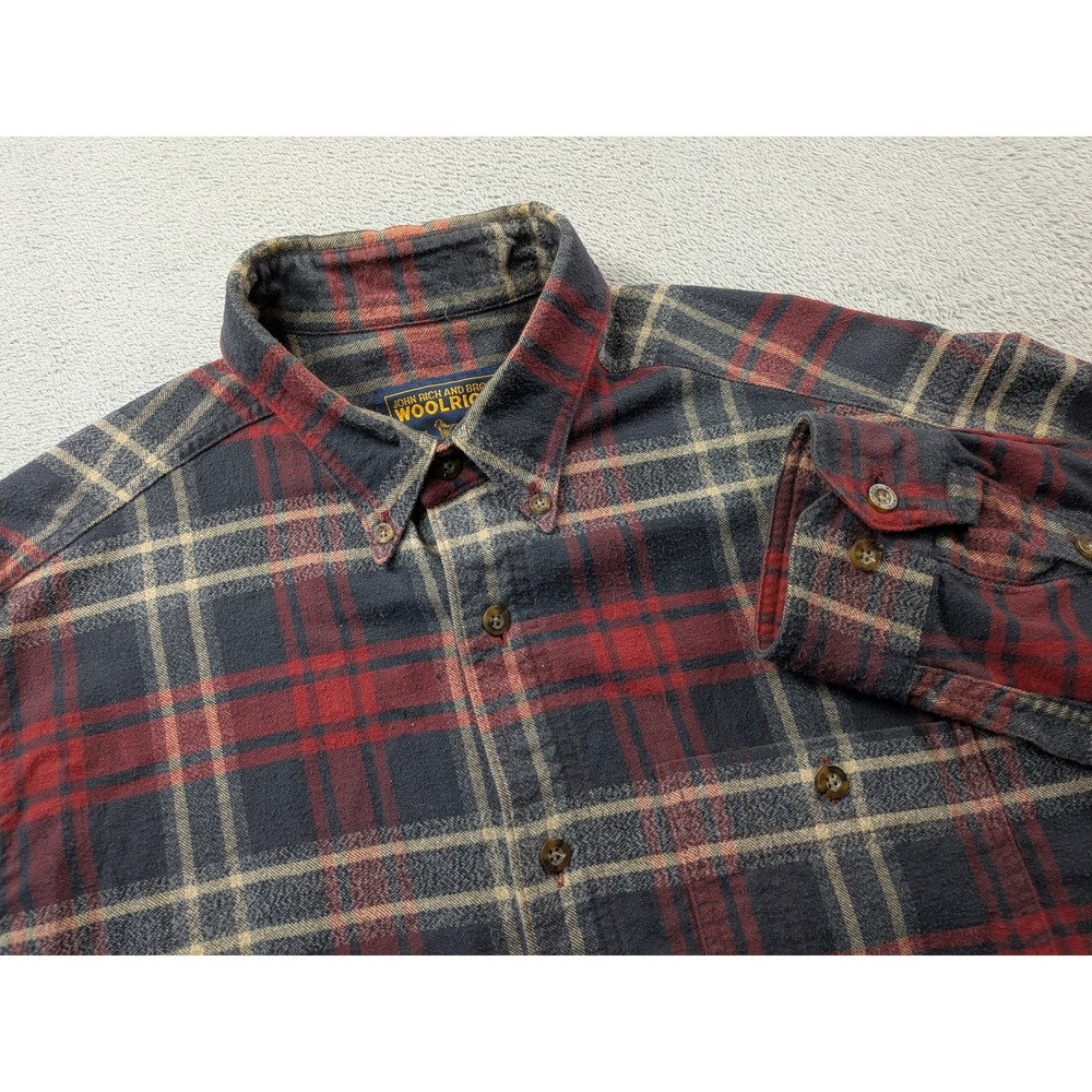Woolrich John Rich and Bros Mens L Red Navy Plaid Flannel Button Down Shirt 2007